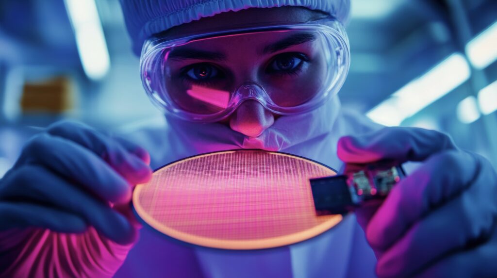 A scientist in protective gear and safety goggles examines a glowing semiconductor wafer in a lab, illuminated by vibrant blue and pink lighting.